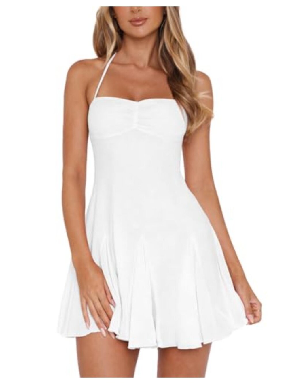 Halter Backless Mini Dress Ruched Mesh Fit & Flare Ruffle Hem